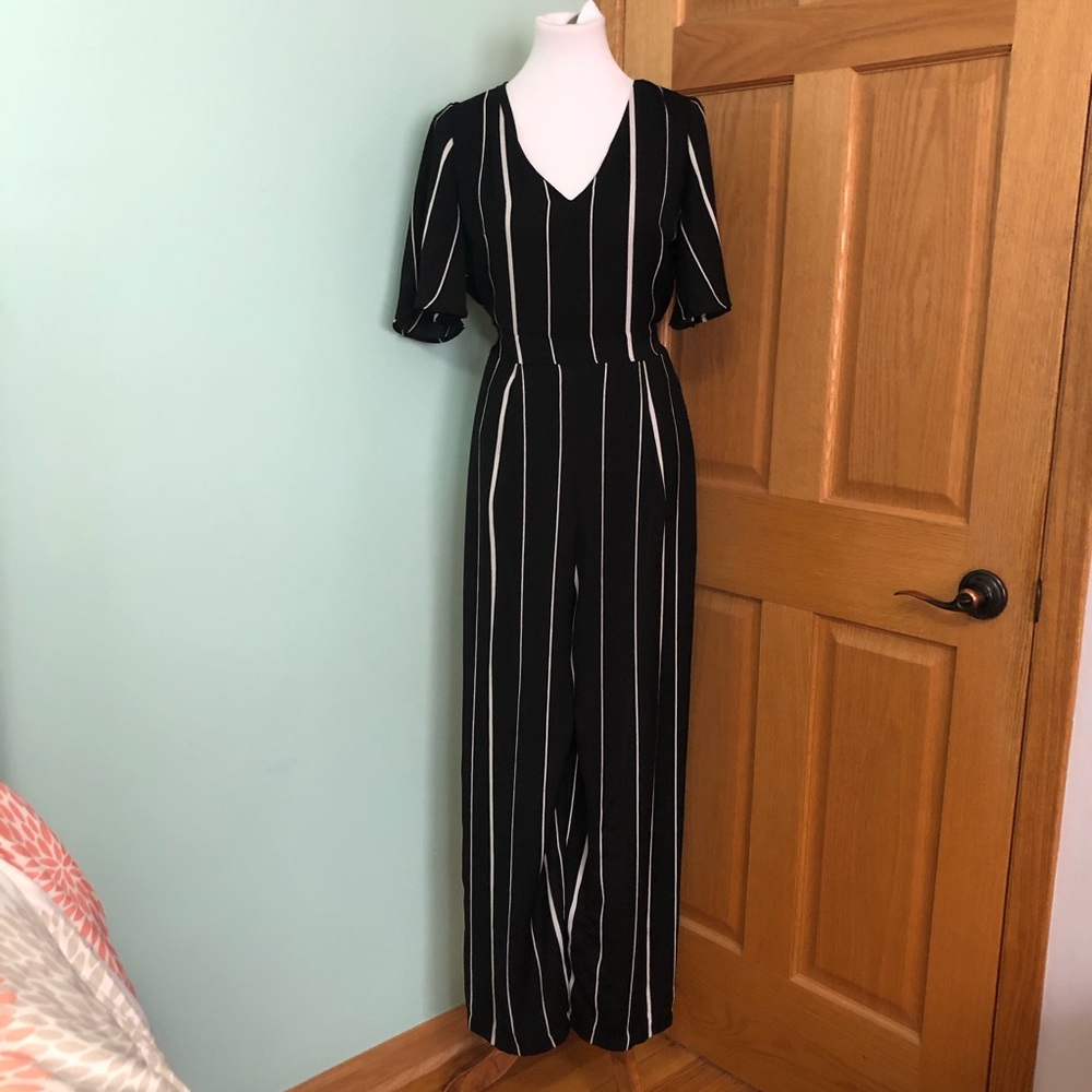 Black Jumpsuit w/ White Pinstripe, belted waist